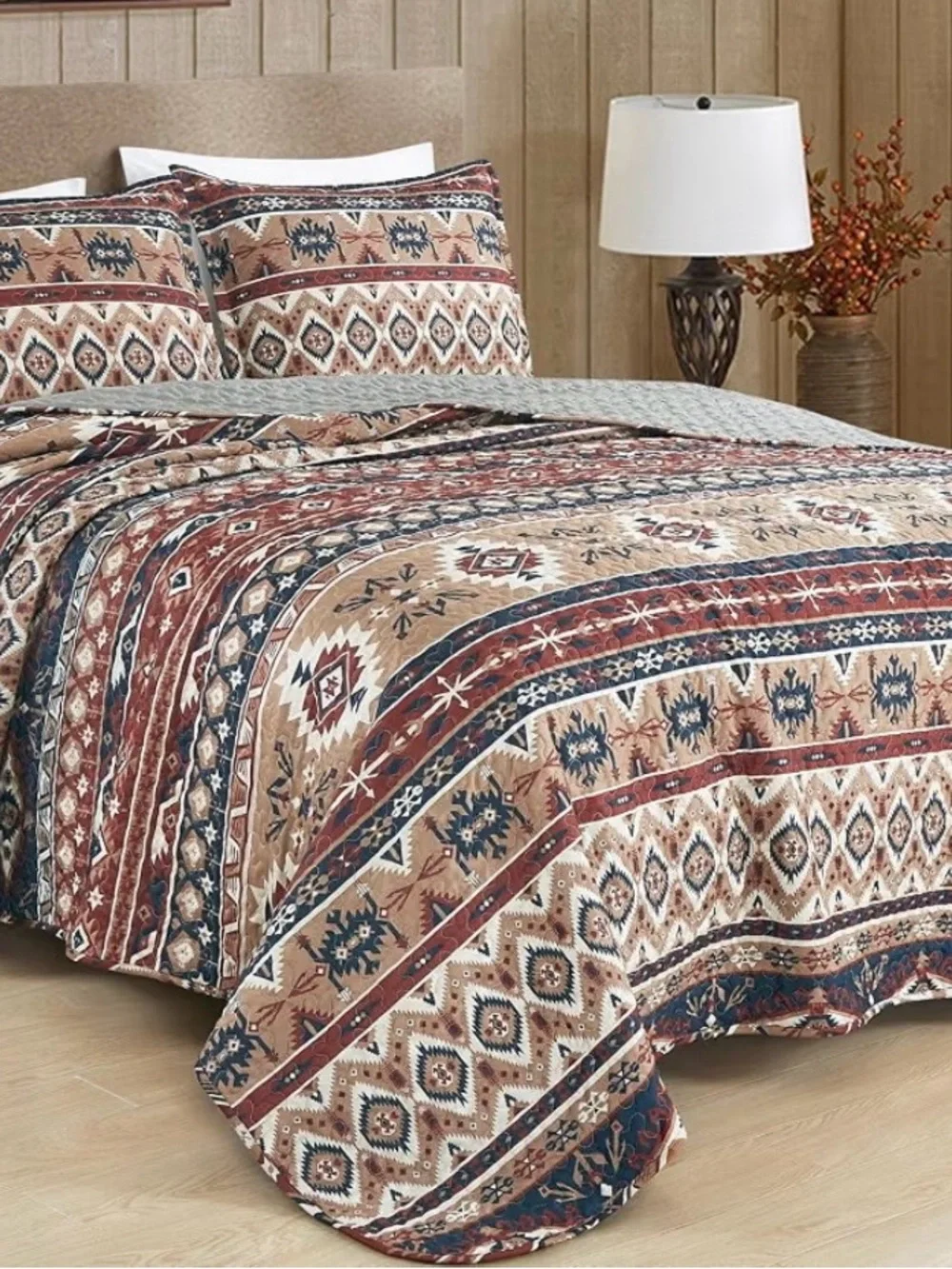 Southwest Pattern Quilted Bedding Set in Brown and Navy - Unknown Brand